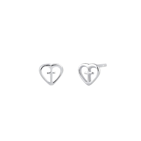 ♥️ DAINTY HEART CROSS STERLING SILVER STUD EARRINGS - Picture 1 of 4